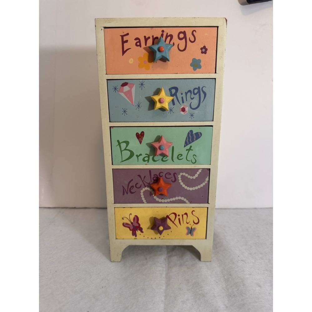 Vintage Wooden Jewelry Box Storage Y2K Retro Kids Star Knobs 5 Drawers 12" Tall